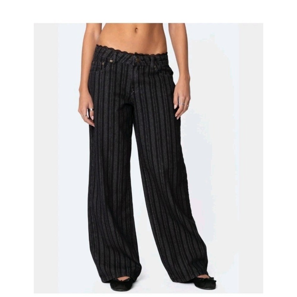Edikted Black Pinstripe Wide Leg Jeans